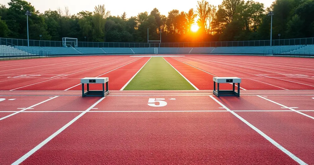 pista de atletismo vazia com blocos de partida ao amanhecer